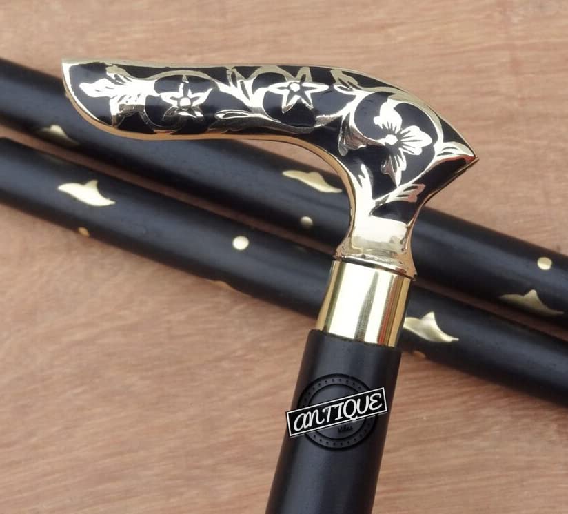 Brass Handle Victorian Telescope Foldable Wooden Walking Stick Cane Ideal Vintage Gift Men Women Father/Mother - style: Black Victorian