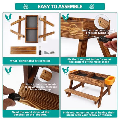 Chicken Picnic Table, Chicken Feeder No Waste Handmade Carbonized Wooden, Large DIY Chicken Feeder Kit, Wild Bird, Duck & Squirrel Feeders, Mesh Bottom Keep Food Fresh and Dry Easy to Clean and Fill
