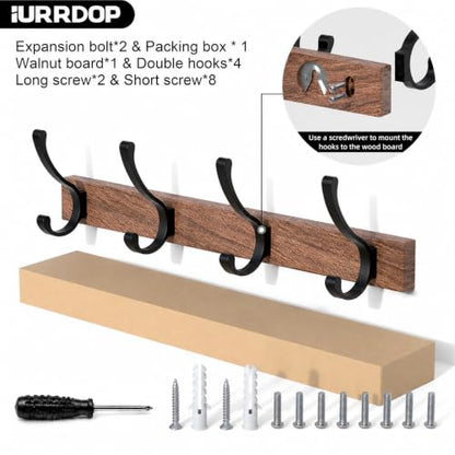 17 Inch Black Walnut Wood Wall Mounted Coat Rack with 4 Black Double Hooks, Adhesive Mounted Entryway Hooks, Modern Natural Wooden Pegs for Hanging Coat Clothes Hat Bag Purse Key and Towel - color: Coat Rack with 4 Double Hooks