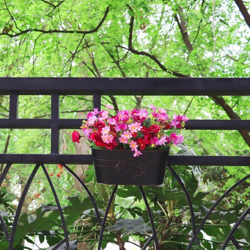 3 Pack Metal Railing Planters, 10.5" Oval Hanging Flower Pots with Detachable Hooks & Drainage Holes, Fits Rails up to 2.36", Galvanized Iron Fence Bucket for Balcony Garden Patio - Letter Black - color: Letter Black, size: 3 Pack, 10.5"L x 5.7"W x 4.7"H