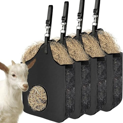 4 Pcs Hay Bag Hanging Goat Feeder Tote with Adjustable Strap - color: black-4