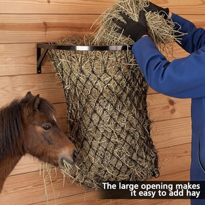 Yaocom 1 Set Wall Mount Hay Feeder with Net Large Capacity Black Metal Frame with Slow Feed Hay Net Open-top for Horses Goats