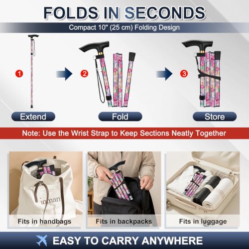 supregear Folding Cane, 5-Level Adjustable Height Walking Stick Lightweight Collapsible Portable Travel Cane with Wrist Strap and T Handle for Elderly Disabled Men Women - color: Pink Floral