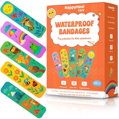 Waterproof Self-Adhesive Bandages, Sterile & Individually Wrapped, Fun Cartoon Designs, Latex-Free, Hypoallergenic, 4-Sided Seal, First Aid for Minor Cuts, Scrapes & Wounds