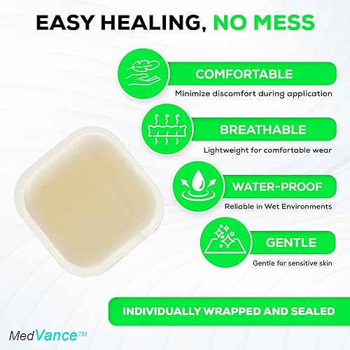 Medvance Absorbent Bordered Hydrocolloid Large Wound Dressing - Waterproof Skin-Friendly Adhesive Pads - Easy Apply Large Bandage - Wound Care & Dressings for Cuts & More (2"x2" Bandage) (Box of 15)