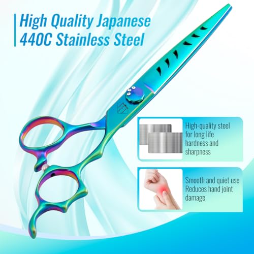 Dog Grooming Scissors: 7" Straight Pet Shears Skeletonized blade Made Of Japanese 440C for Trimming Dogs Cats and Other Pets Green (Straight G, 7") - style: Straight G