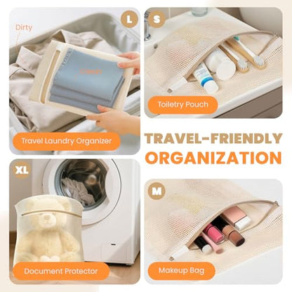 ABRRLO 4Pcs Cotton Mesh Laundry Bags for Delicates,Breathable Mesh Garment Bag for Washing Machine, Travel Wash Bags with Zipper for Bras, Underwear, Socks, Clothes, Laundry Dorm Room Essentials(S-XL) - size: SMLXL