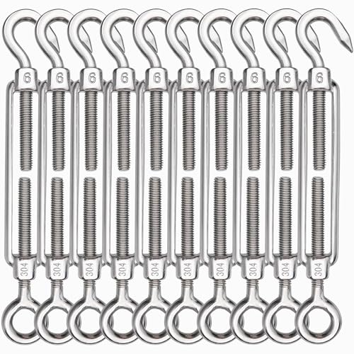 TooTaci 10PCS M6 Turnbuckle, 304 Stainless Steel Turnbuckle Hook and Eye | Turnbuckle Wire Tensioner, 220lb Adjustable Turnbuckles for Cables Wire, Shade, Cable Tightener, Garden Trellis, Clothesline - size: M6 OC-10Pcs