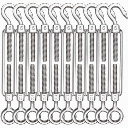 TooTaci 10PCS M6 Turnbuckle, 304 Stainless Steel Turnbuckle Hook and Eye | Turnbuckle Wire Tensioner, 220lb Adjustable Turnbuckles for Cables Wire, Shade, Cable Tightener, Garden Trellis, Clothesline - size: M6 OC-10Pcs