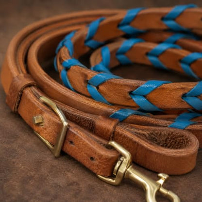 CHALLENGER 8' Horse Western Leather Latigo Laced Barrel Contest Reins 66RT10 - color: Tan Pacific Blue