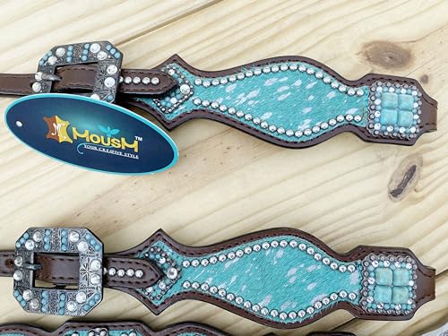 Western Leather Headstall & Breast Collar Set for Horses - Valentine’s Day Silver Metallic Cowhide with Rhinestones - color: Turquoise