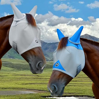 Horse Fly Mask with Ears, UV Block Breathable Mesh (Grey, L) | Large Eye Space, No Rub, High-Vis Color, Stay-in-Place Strap, Durable Mesh, Turnout Pasture & Daily Use - size: L