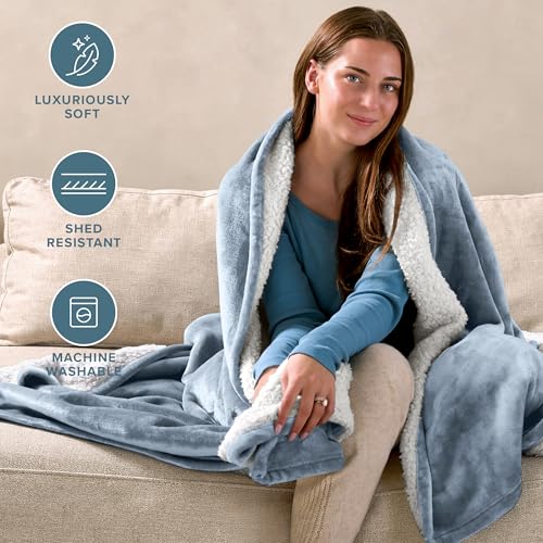 Bare Home Sherpa Fleece Blanket (Throw, Dusty Blue) - color: 14 - Dusty Blue, size: Throw/Travel