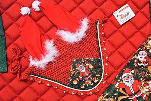Christmas Santa Saddle Pad Set + Matching Ear Bonnet – Holiday Horse Riding Gear Festive Equestrian Gift Set Dressage, Hunter - size: COB