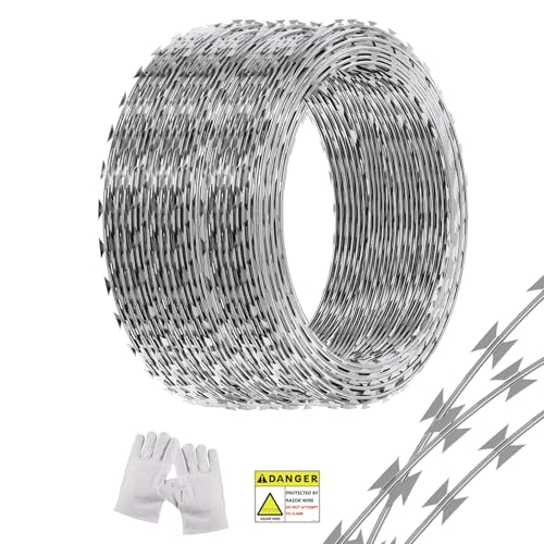 296 FT Razor Wire, 6 Rolls, Concertina Fencing with Warning Sign - size: 296FT, style: 6 Rolls