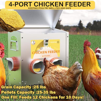 Automatic Chicken Feeder No Waste Metal Poultry Feeder Large Capacity 25lbs for Chickens, Geese, Ducks, Turkeys, Quails (4-Port) - size: 4-Port