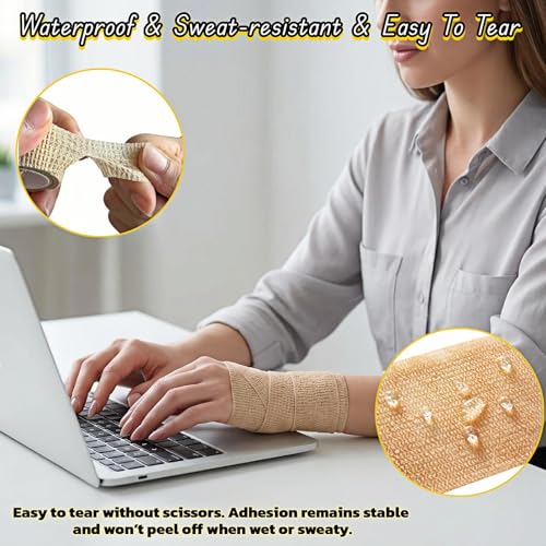 6 Pack Self Adhesive Bandages 1"x5yds, Elastic Cohesive Wrap Tape for Sports Injuries, First Aid, Ankle Wrist, No Clips or Sticky Residue, Breathable Skin Tone for Humans & Pets