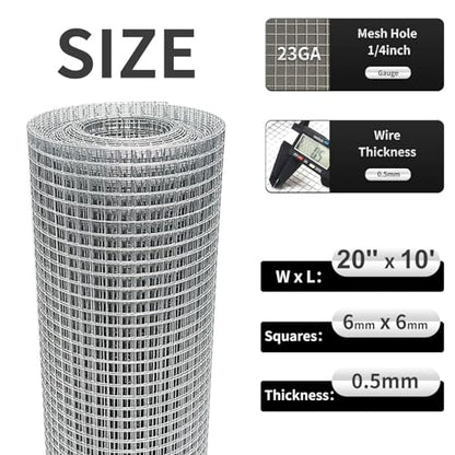 Hardware Cloth 20'' x 10' 1/4 in Galvanized Wire Mesh Roll (23 GA) Chicken Wire Fence Roll for Chicken Pen/coop Fences, Screen mesh, Rabbit/Snake... - size: 20In x 10Ft