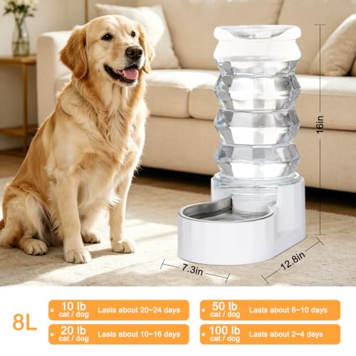 RIZZARI 8L Gravity Dog Water Dispenser: Stainless Steel Bowl Anti-Splash - color: White, size: 8L