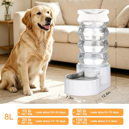 RIZZARI 8L Gravity Dog Water Dispenser: Stainless Steel Bowl Anti-Splash - color: White, size: 8L
