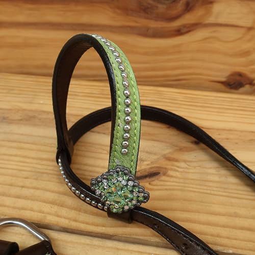 Western Leather Headstall & Breast Collar Set for Horses - Valentine’s Day Silver Metallic Cowhide with Rhinestones - color: Lime Green