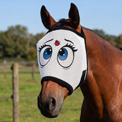 Ladybug Mesh Fly Mask for Horses Cartoon Eye Full Face Bug Protection with Breathable Mesh Soft Padding, Clear Vision, Stretch Fit, UV Protection, Comfortable Adjustable Fit for All Horses
