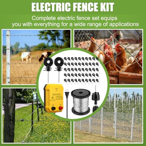 MorningRo Electric Fence Charger Kit 1J 25 Mile 250ft Wire 50 Insulators - style: 1 Joule