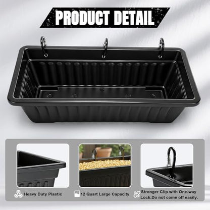 4 Pack 12 Quart Large Feed Trough Goat Horse Feeders Plastic Hanging Feeder with Clips and Nylon Cable Tie Water Trough Supplies Dog Horse Hog Pig Livestock Poultry for Large Animal Black