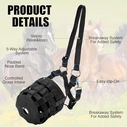 Durable Ventilated Grazing Muzzle with Attached Breakaway Halter - Lightweight Horse Muzzle, Supports Natural Grazing, Restricts Food Intake, Padded Noseband - color: Onyx Black
