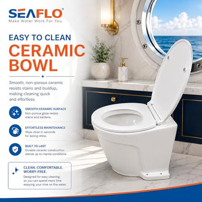 SEAFLO Deluxe Flush Freshwater Electric Marine Toilet - Fresh Water Rinse, 12V, w/ 4-way Flush Panel, Smart Flushing System, Ceramic Bowl, Soft Close Seat, Quiet Flush, Macerator Pump, 4 Year Warranty - style: 12V Deluxe Flush - Fresh Water Rinse - Soleno