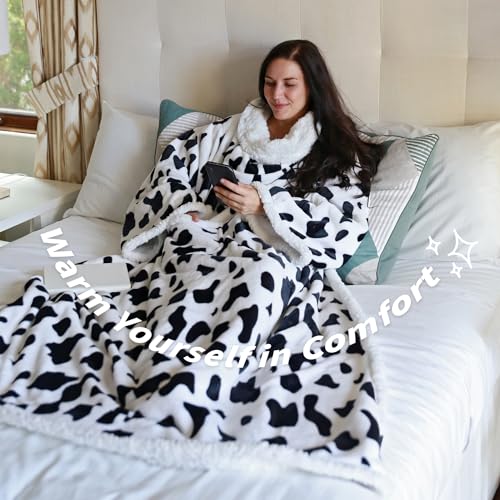 Catalonia Sherpa Wearable Blanket with Sleeves and Pocket for Adults - color: Dalmatian, size: Standard Pocket