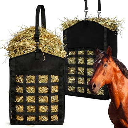 2 Pack Hay Bags for Horses,Goats,Sheep, Horse Hay Nets with Adjustable Straps, Large Top Opening Hook-and-Loop Seals, Durable Hay Feeder for Equine & Livestock