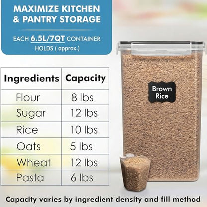 WHITE FEATHER SUPPLIES 2 PC [7 Qt / 6.5L / 220 Oz] Large Food Storage Containers with Lids Airtight - BPA Free Clear Plastic Kitchen and Pantry Storage Containers for Cereal, Flour, Sugar, Rice - color: Black - 2 Pack
