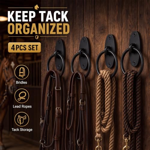 Fumete 4 Pcs Horse Tie Rings, Solid Steel Cross Tie Rings with Screws & Expansion Anchors, Wall Mount for Barn Stall Fence Concrete Trailer Grooming, Cross Tying & Tethering, Black (Oval)