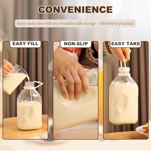 FyndraX Glass Milk Jugs Containers - Half Gallon Juice Bottles with Airtight Screw Cap and Handle for Milk, Breastmilk, Iced Tea, Cold Water, 64OZ Pitcher Set of 3 - color: 3 Pack
