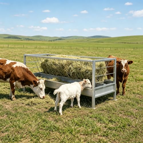 Pasture Hay Feeder 96 Gallon for Farms, 2-in-1 Hay Rack with Grain Trough, Stainless Steel Feeder, 65" Long Hay and Grain Feeder, for Goats, Sheep & Horses, for Barns, Pastures & Farm Use.