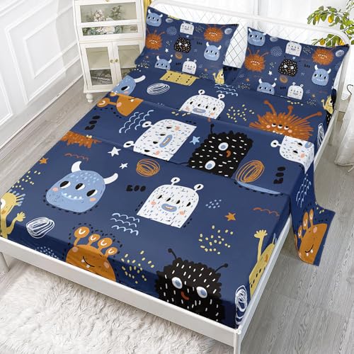 Monsters Sheets Set 4Pcs for Kids,Cute Monsters Printed Sheet Set with 1 Flat Sheet and 1 Fitted Sheet + 2 Pillowcases(Cute Monsters Full) - color: Cute Monsters, size: Full 81x97 inches