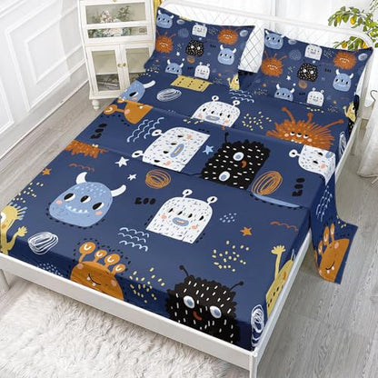 Monsters Sheets Set 4Pcs for Kids,Cute Monsters Printed Sheet Set with 1 Flat Sheet and 1 Fitted Sheet + 2 Pillowcases(Cute Monsters Full) - color: Cute Monsters, size: Full 81x97 inches