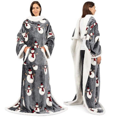 PAVILIA Sherpa Wearable Blanket with Sleeves for Adults Women Men, Soft Warm Full Body Wrap Fleece Throw, Pocket, Cozy Pullover Robe Blanket with Arm, Gifts for Christmas Mom Wife, Snowman - color: Snowman Gray