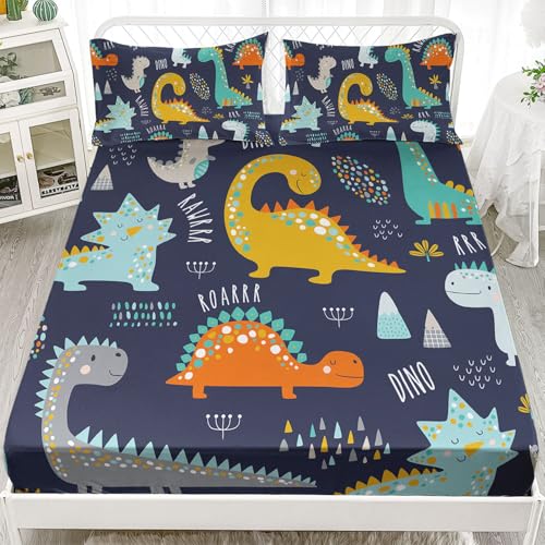 Dinosaur Sheets Set 4Pcs for Kids,Cartoon Animal Printed Sheet Set with 1 Flat Sheet and 1 Fitted Sheet + 2 Pillowcases(Dinosaur Queen) - color: Dinosaur, size: Queen 91x102 inches