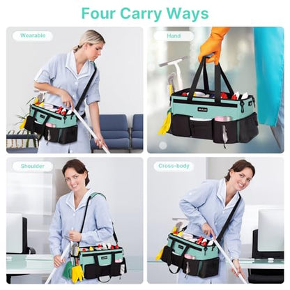 JKAOO Large Wearable Cleaning Caddy Bag with Handles, Blue Green | Adjustable Shoulder & Waist Straps, Removable, Waterproof Tote for Cleaning Supplies, Home, Car, Office - color: Blue-Green
