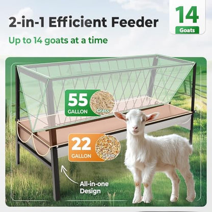 Pasture Hay Feeder 2 in 1 55 Gallon Livestock Feed Trough with 22 - color: Black