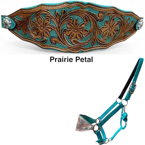 Majestic Ally Western Horse Bronc Halter, Turquoise Padded Leather Noseband, Antique Finish, Tooled Floral Design, Adjustable Nylon - style: Prairie Petal