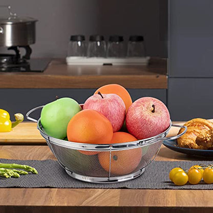 3 Pack 18/8 Stainless Steel Colander Sieves(5-Quart, 4-Quart and 3-Quart), Mesh Strainer Net Baskets with Handles & Resting Base for Strain, Drain, Rinse or Steam - size: 3 Qt. + 4 Qt. + 5 Qt.