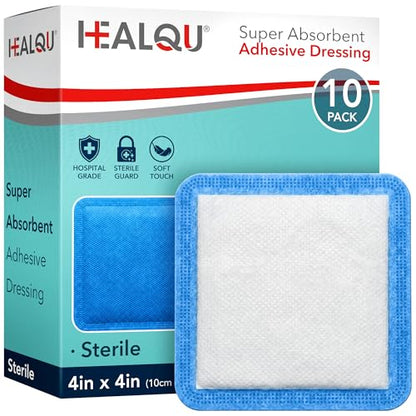 HEALQU Super Absorbent Adhesive Dressing 4x4 (10 Pack) - Sterile Self-Adhesive Island Dressing Pad with High-Capacity SAP Core - Breathable Bordered Gauze for High Exudate, Surgical Wounds, & Ulcers