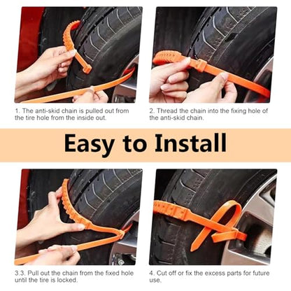 12 PCS Car Snow Tire Chains, Anti-skid Non-slip Traction Strap for Winter Ice & Mud, Adjustable Thickened Tire Zip Tie, Portable Emergency Accessory for Cars SUVs Trucks (Orange)