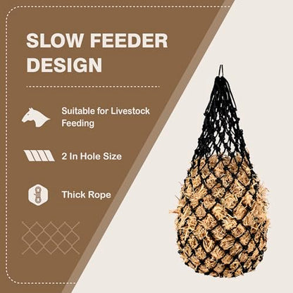 2PCS Slow Feeder Hay Nets Feed Bag for Horses, Extra Thick 40" Slow Feed Hay Net with 2" Holes Hanging Bags for Goat and Livestock Supplies (Black - color: Black |2PCS