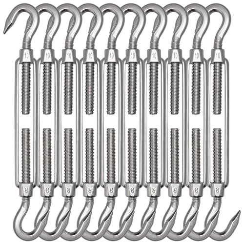 TooTaci 10PCS M10 Turnbuckle, 304 Stainless Steel Turnbuckle Hook and Hook | Turnbuckle Wire Tensioner, 660 lb Heavy Duty Adjustable Turnbuckles for Cables Wire, Cable Tightener, Trampoline, Tent, Tarps - size: M10 CC-10Pcs