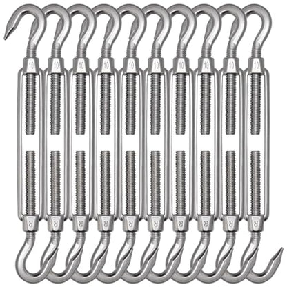 TooTaci 10PCS M10 Turnbuckle, 304 Stainless Steel Turnbuckle Hook and Hook | Turnbuckle Wire Tensioner, 660 lb Heavy Duty Adjustable Turnbuckles for Cables Wire, Cable Tightener, Trampoline, Tent, Tarps - size: M10 CC-10Pcs