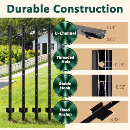 Metal Garden Fence Posts – Heavy Duty Spliced U-Post for Wire Fencing, 6 FT Black | 15 Pack No-Dig Fence Stakes, Double Rustproof Steel Fence Posts for Yard, Garden and Farm - size: 6FT-15PACK